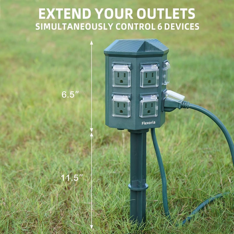 Flexoria Outdoor Power Stake Timer, Remote Control Dusk to Dawn Light Timer, 100 FT Extension Cord Waterproof, 6 Grounded Outlets for Outdoor Christmas Decorations, ETL Listed - Image 5